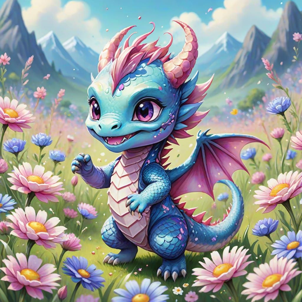 Whimsical Chibi Dragon Dances in Watercolor Field