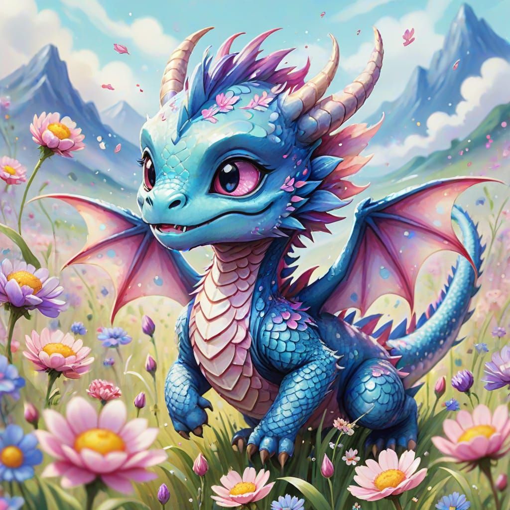 Chibi Dragon Dances in Watercolor Flower Field
