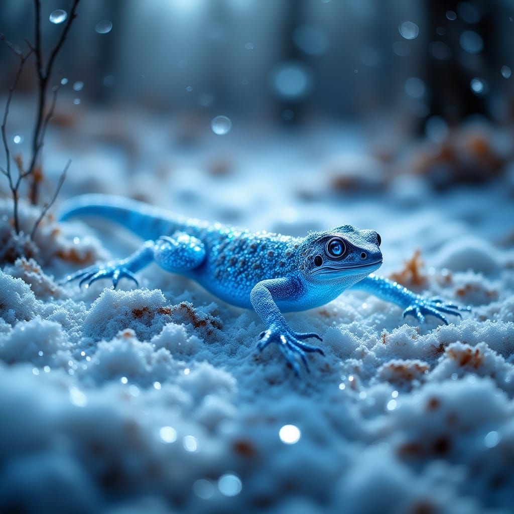 Snow Lizard with Blue Streaks on Frozen Surface