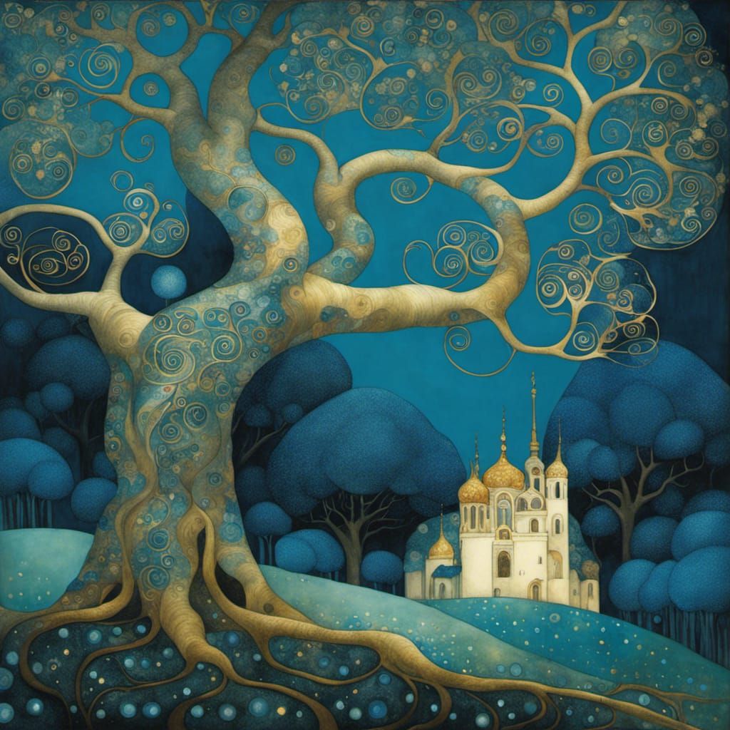 Blue Tree in Art Nouveau Portrait Style