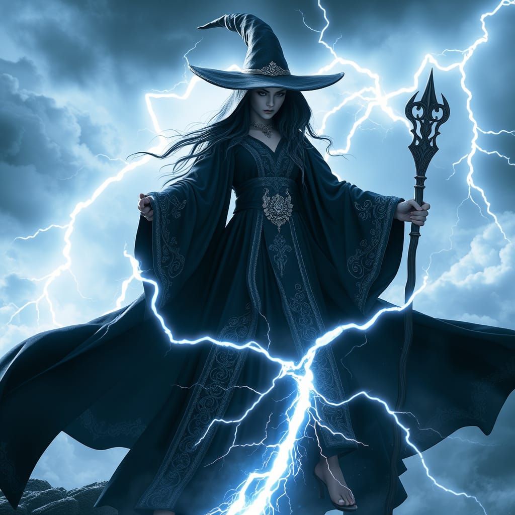 Majestic Lightning Sorceress in Epic Stormy Scene