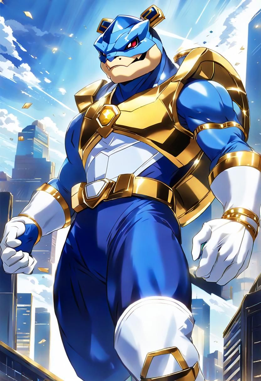Anthro Blastoise as Blue Power Ranger in Anime Style