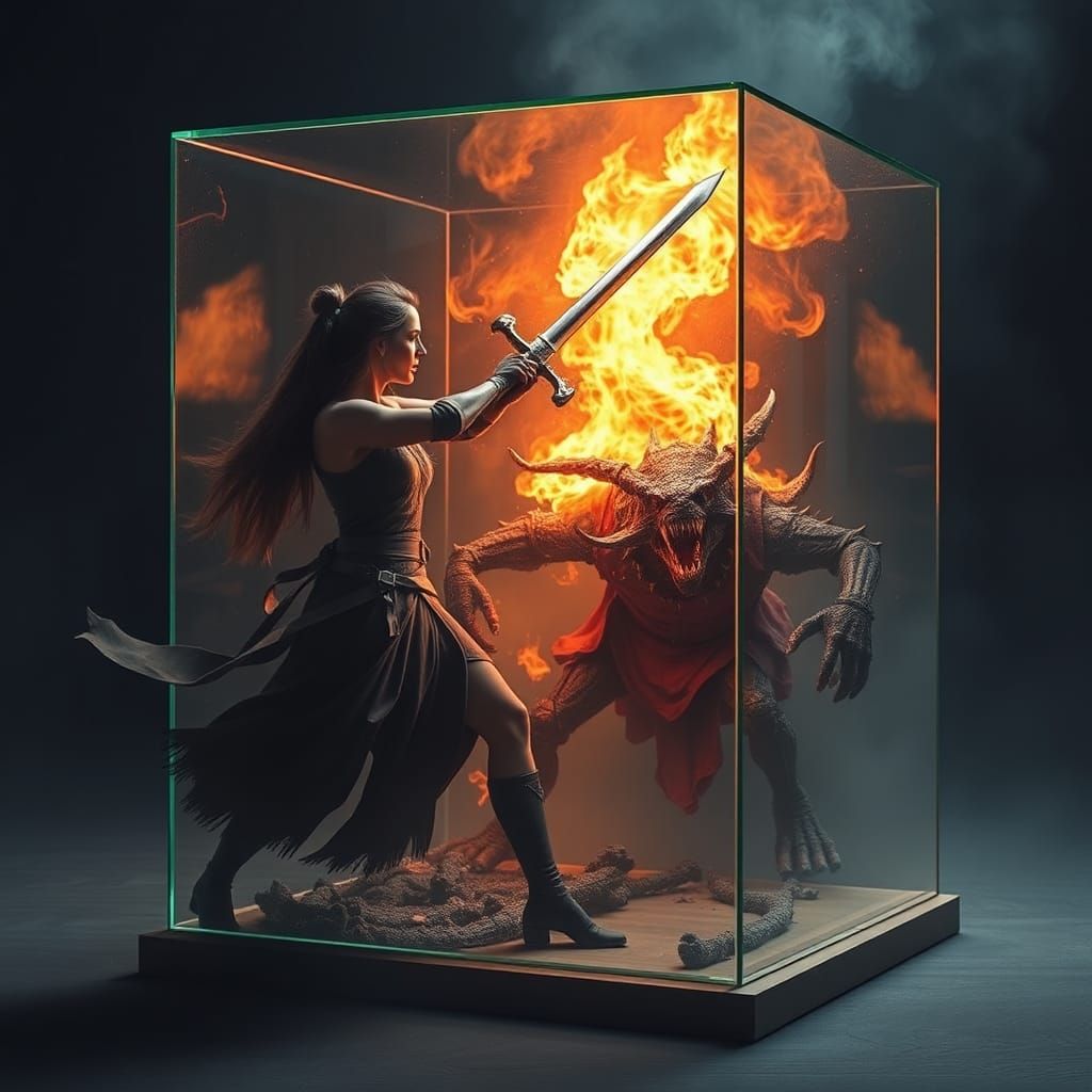 Warrior vs Burning Monster in Glass Box