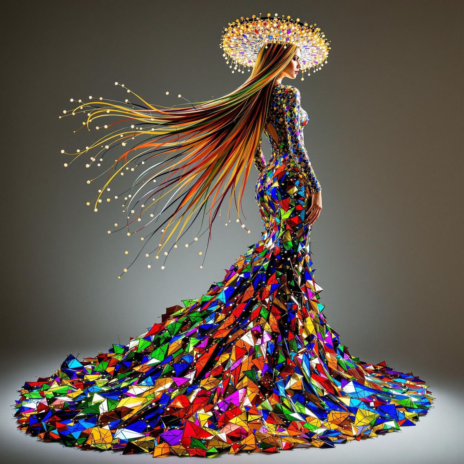 Woman in a Kaleidoscope of Stained Glass Gown and Hat