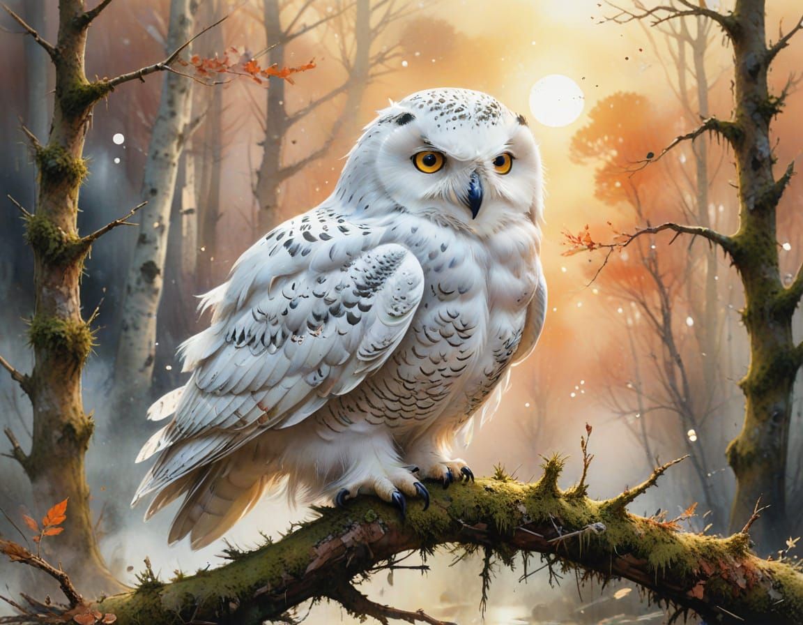 Snowy Owl in Autumn Sunset: Watercolor Fairy Tale