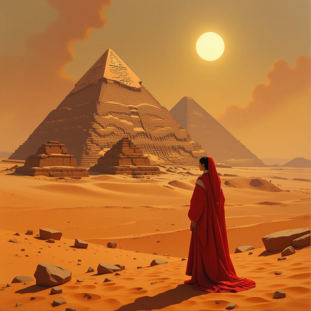 Miko Before Mars Pyramids in Oil Painting Style