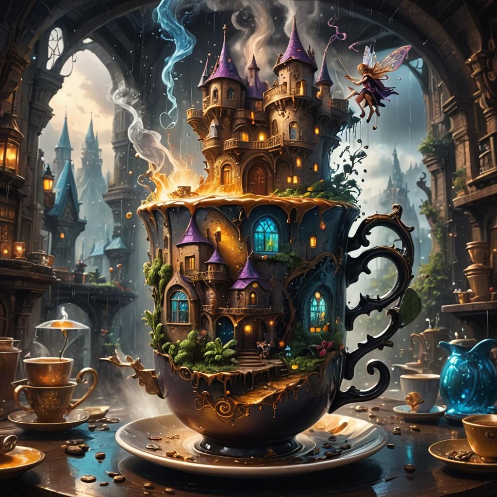 Fairy Castle Steams Inside Coffee Cup