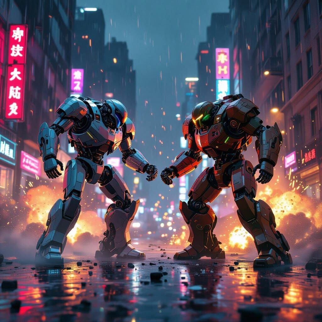 Robots Battle in Neon City Streets