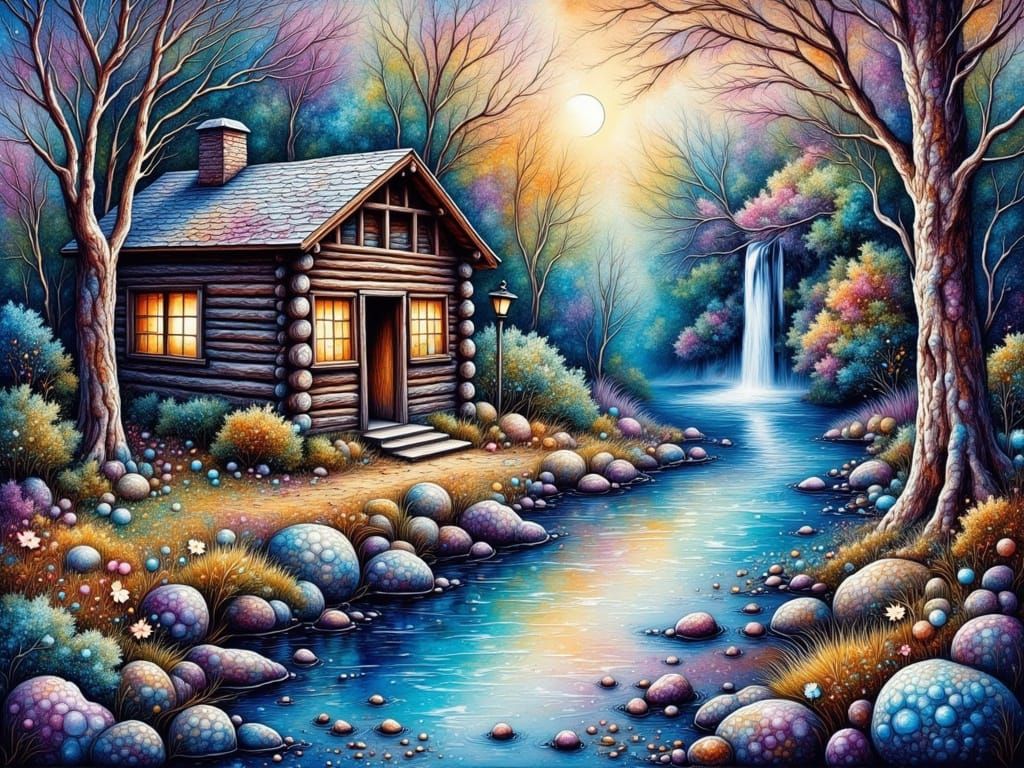 Ethereal Woodland Watercolor Cabin Scene