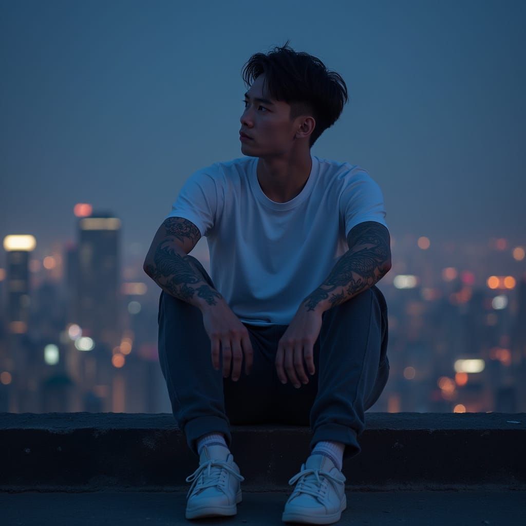 Chinese Athlete Contemplates Cityscape at Midnight