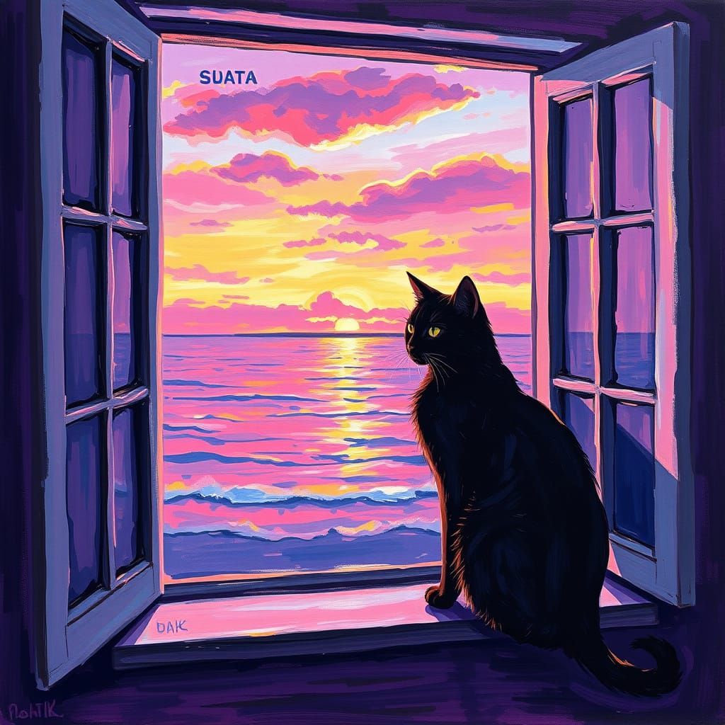 Black Cat at Sunset: Expressionist Impasto Painting