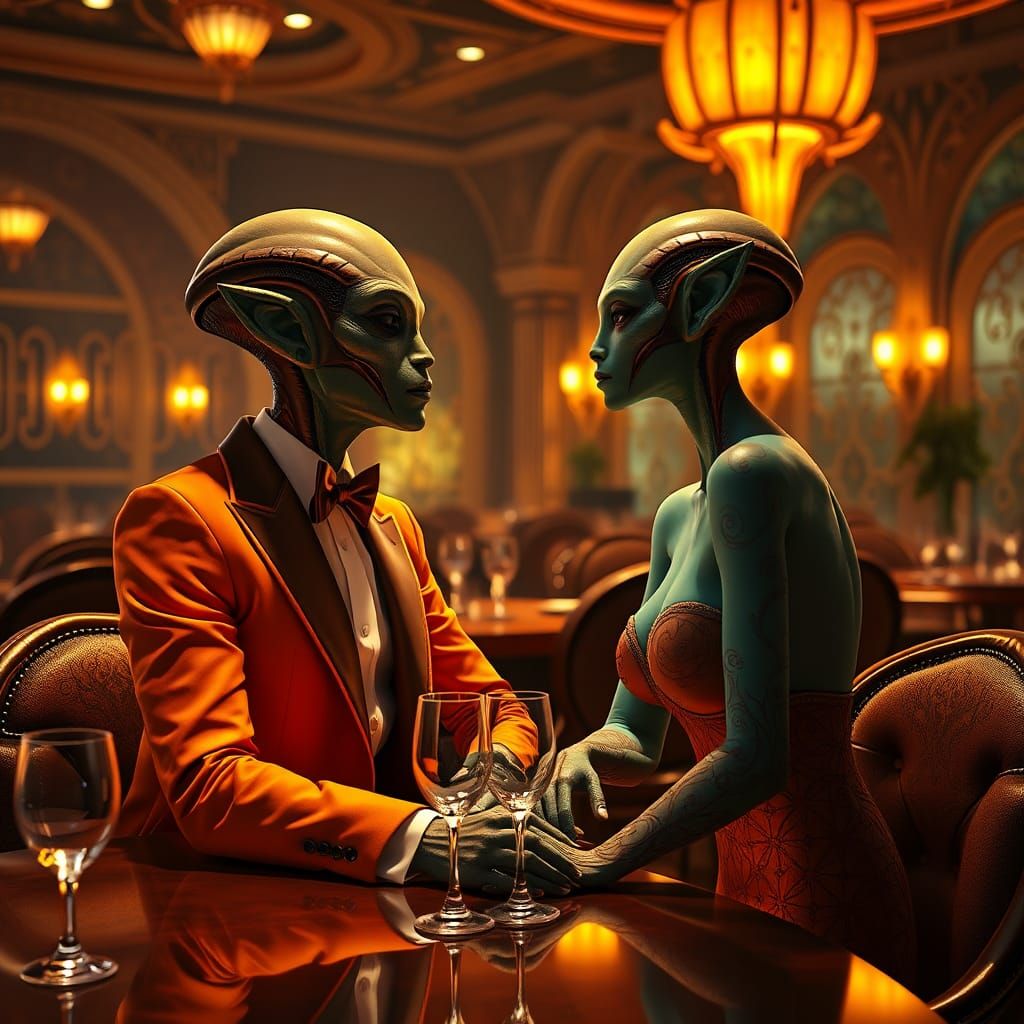 Aliens in Art Nouveau Restaurant with Volumetric Lighting