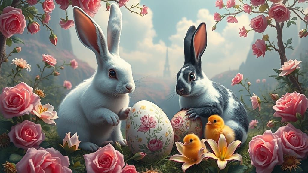 Rabbits and Chicks Decorating Easter Eggs