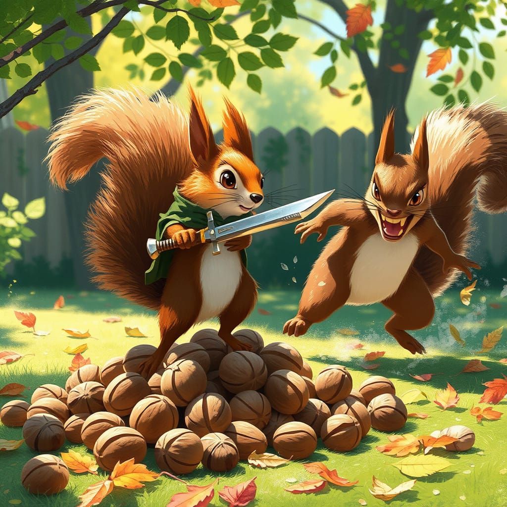 Squirrels Engage in Epic Battle for Walnuts in a Whimsical B...