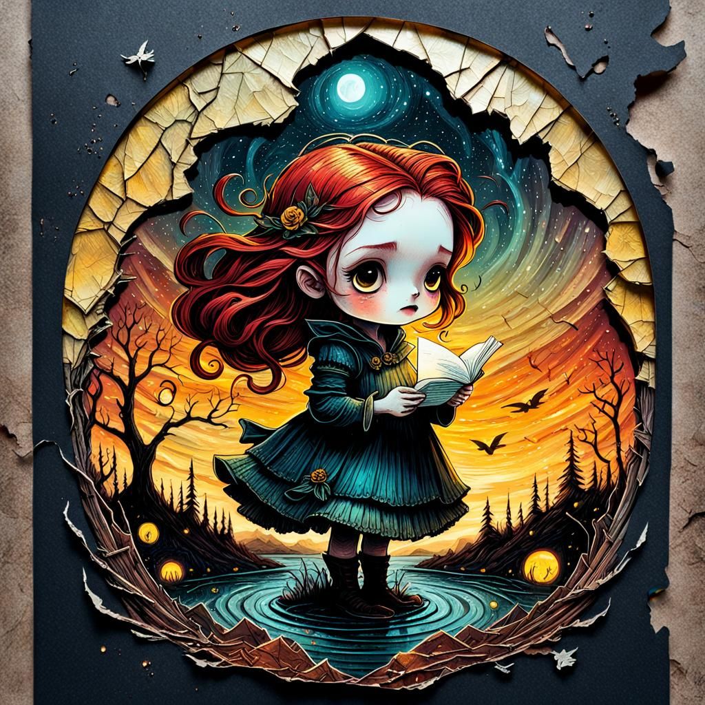 Fairytale Girl with Doll in Vintage Illustration Style