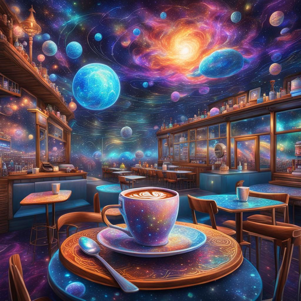 Cosmic Coffee Shop: A Holographic Astral Illustration
