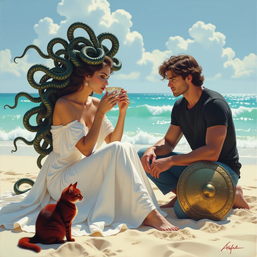 Medusa and Perseus on a Beach in Dark Fantasy Style