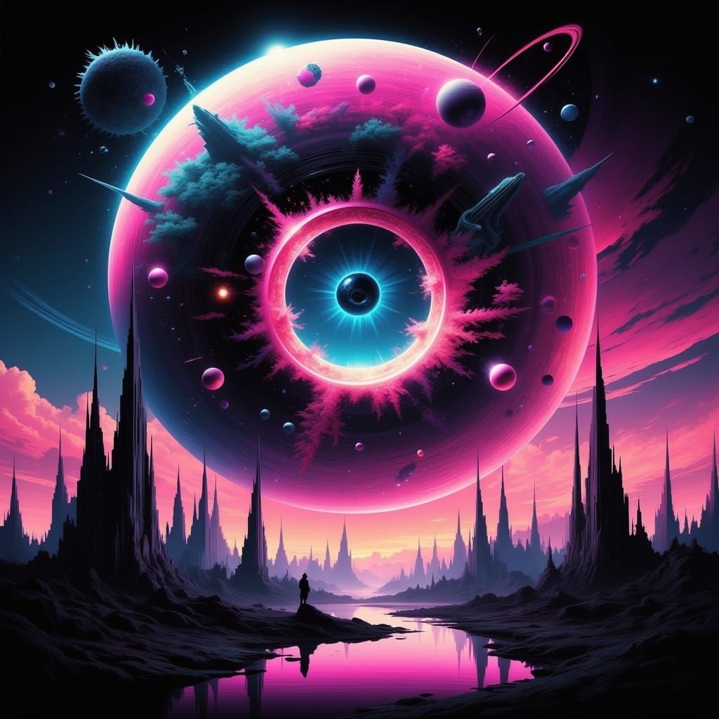 Surreal Cosmic Metropolis in Vibrant Neon Hues