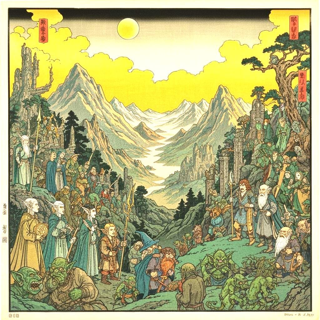 Middle-earth Woodblock Print of Creatures in Golden Hues