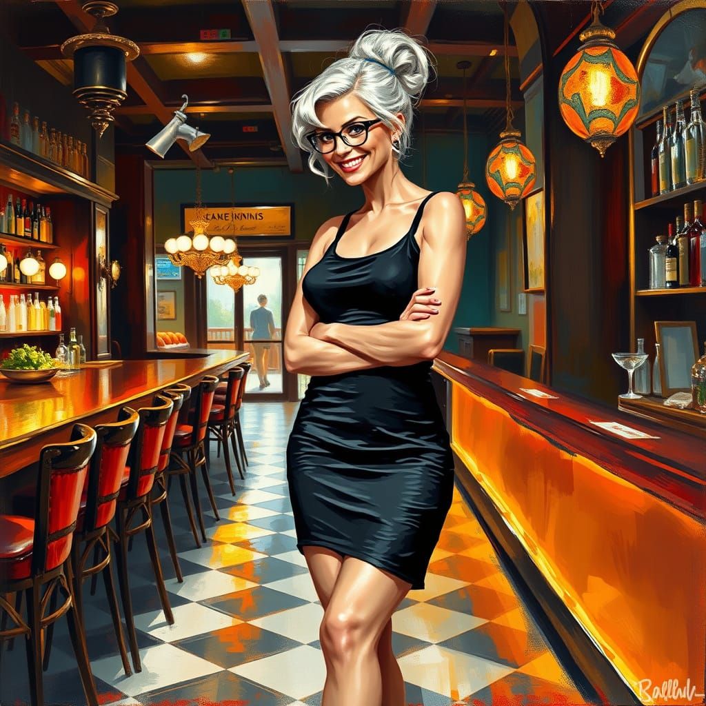 Elegant Woman in Retro Bar Oil Painting