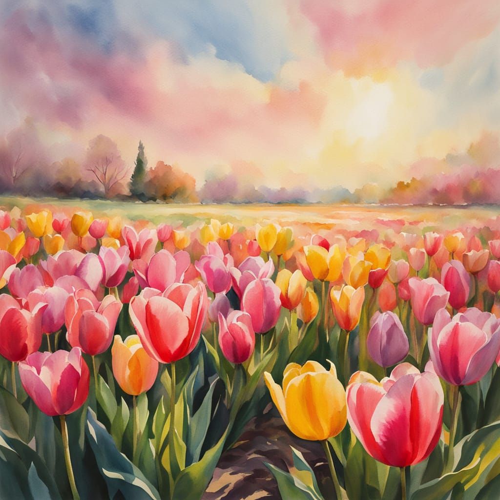 Impressionist Watercolour Painting of Vibrant Tulips Field
