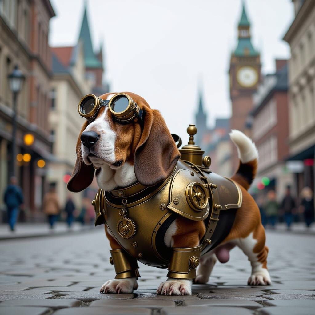 Steampunk Basset Hound in Bronze Armor Roaming Victorian Str...