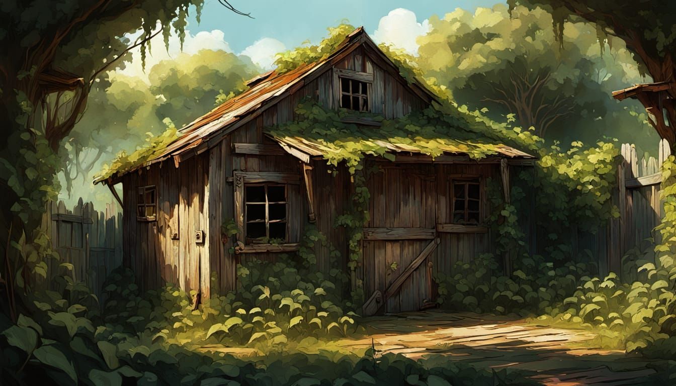 Dilapidated Shed Reclaimed by Nature in Splash Art Style