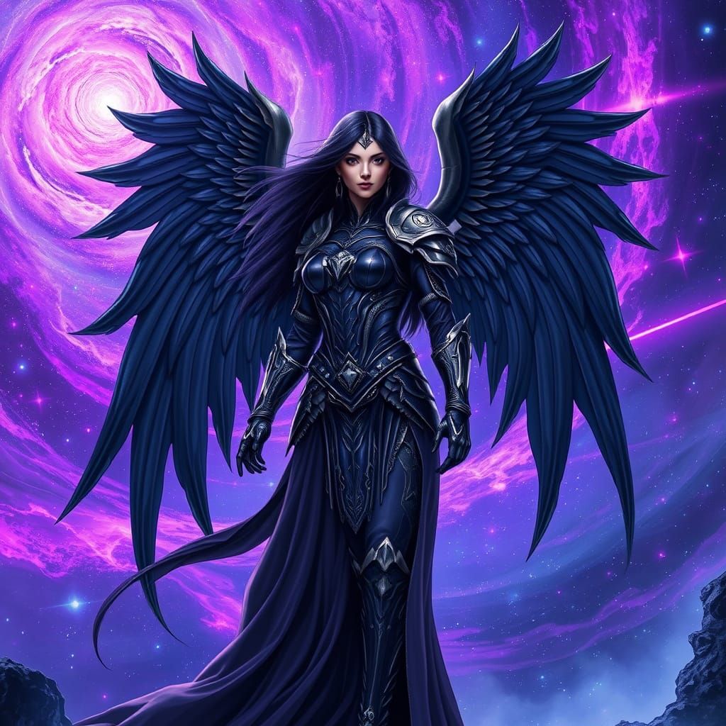 Regal Space Warrior Queen with Dark Purple Hair and Black An...