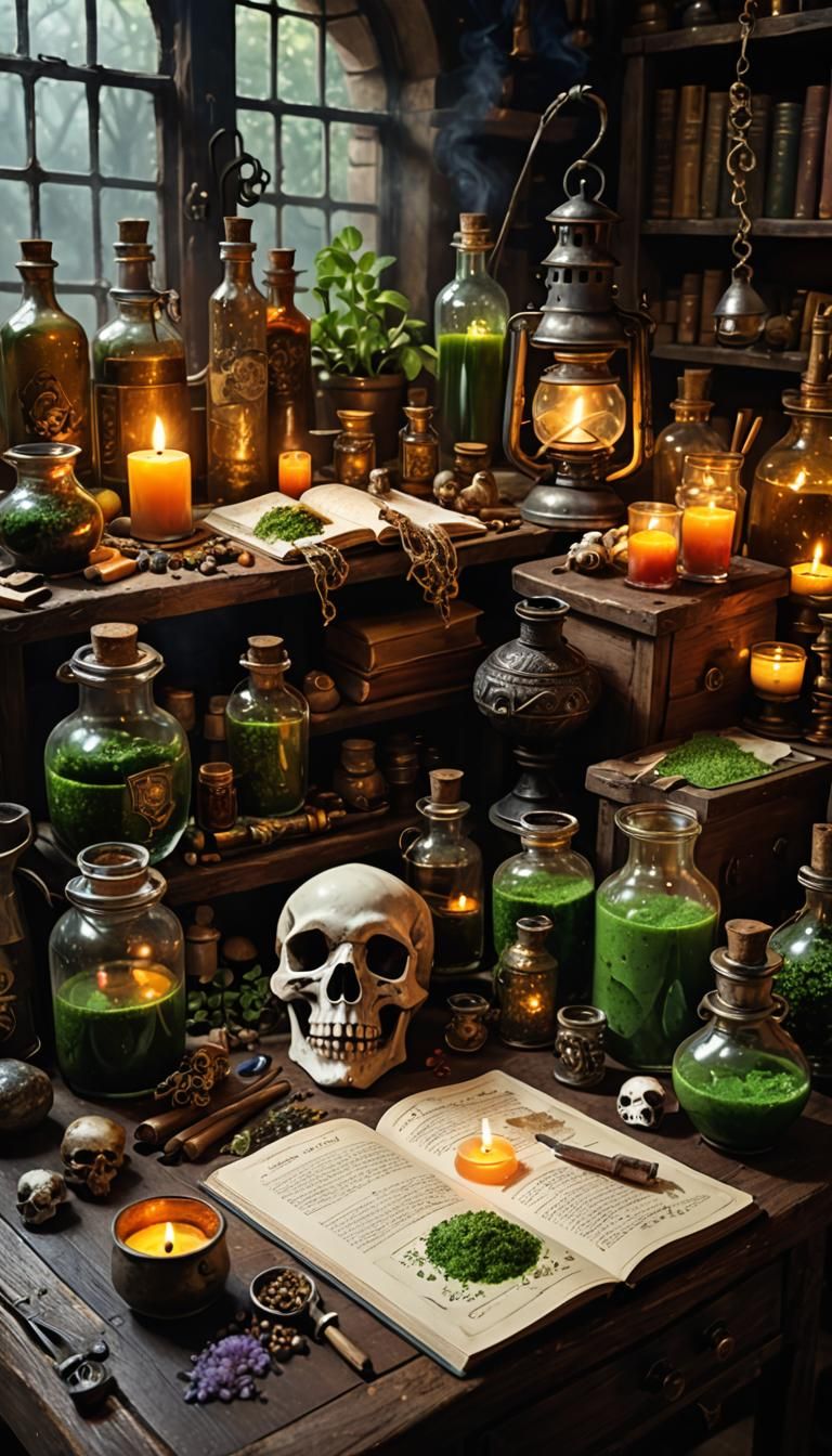 Alchemist's Workbench with Glowing Potions