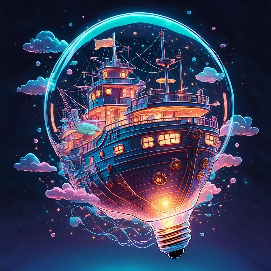 Ship in Neon Lightbulb: Vibrant Digital Comic Art