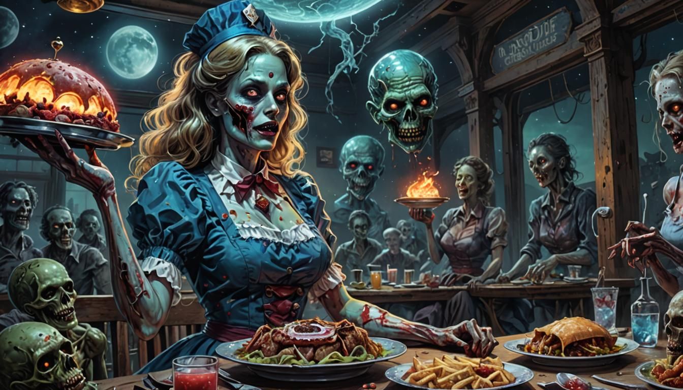 Zombie Waitress Pinup in Holographic Illustration Style