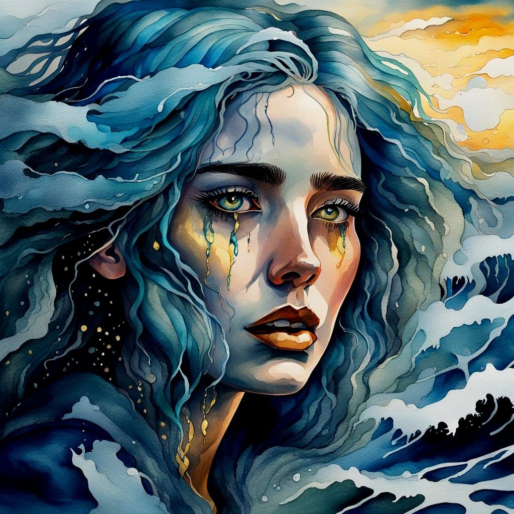 Sorrowful Ocean Goddess in Turbulent Storm