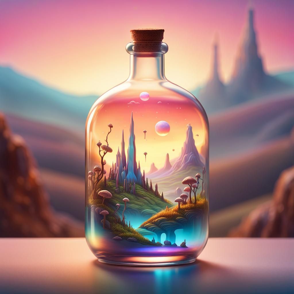 Hyperrealistic Fantasy World in a Glass Bottle: A Masterpiec...