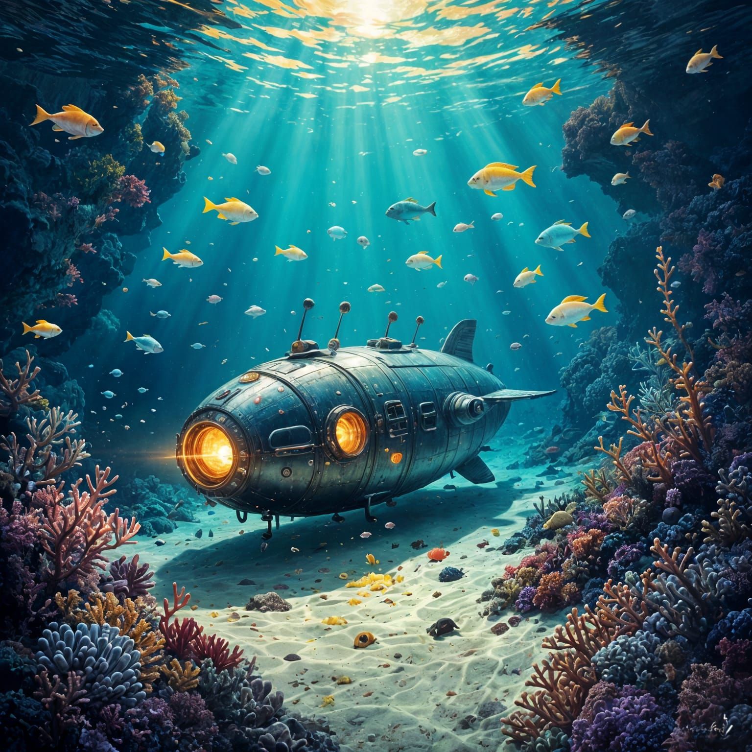 Vibrant Bioluminescent Coral Reef With Ancient Submersible