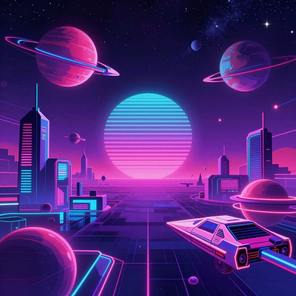 Synthwave Cosmic Landscape with Retro Planets
