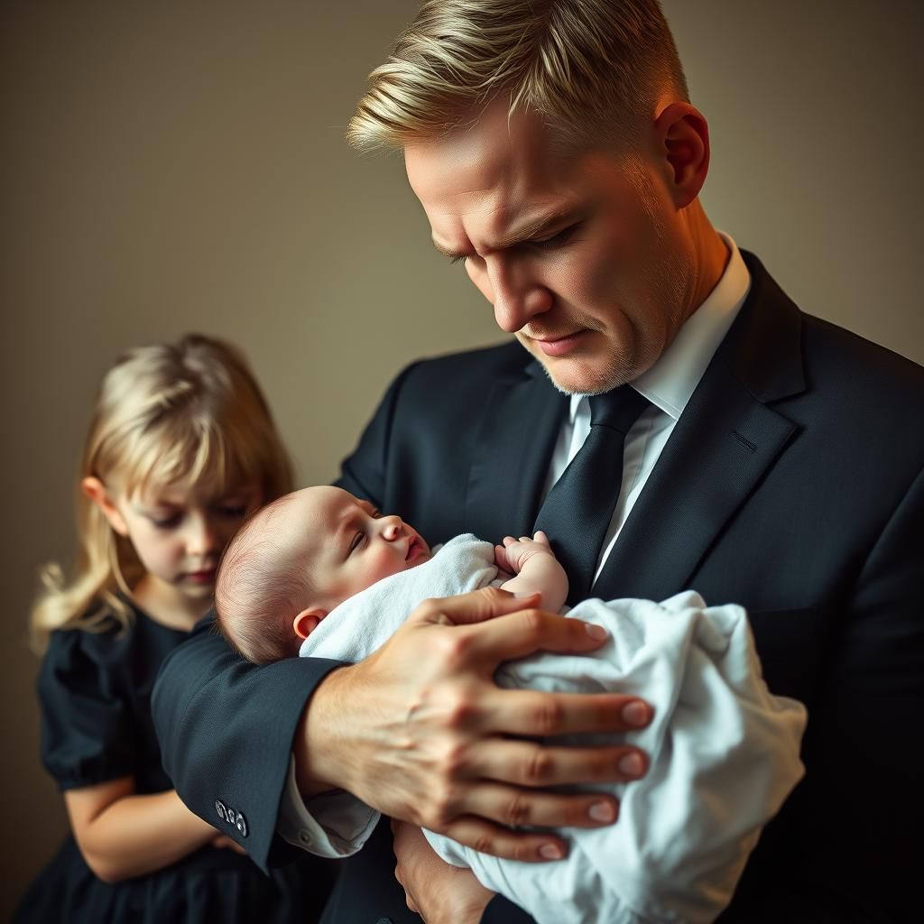 Sorrowful Father with Newborn in Film Noir Style