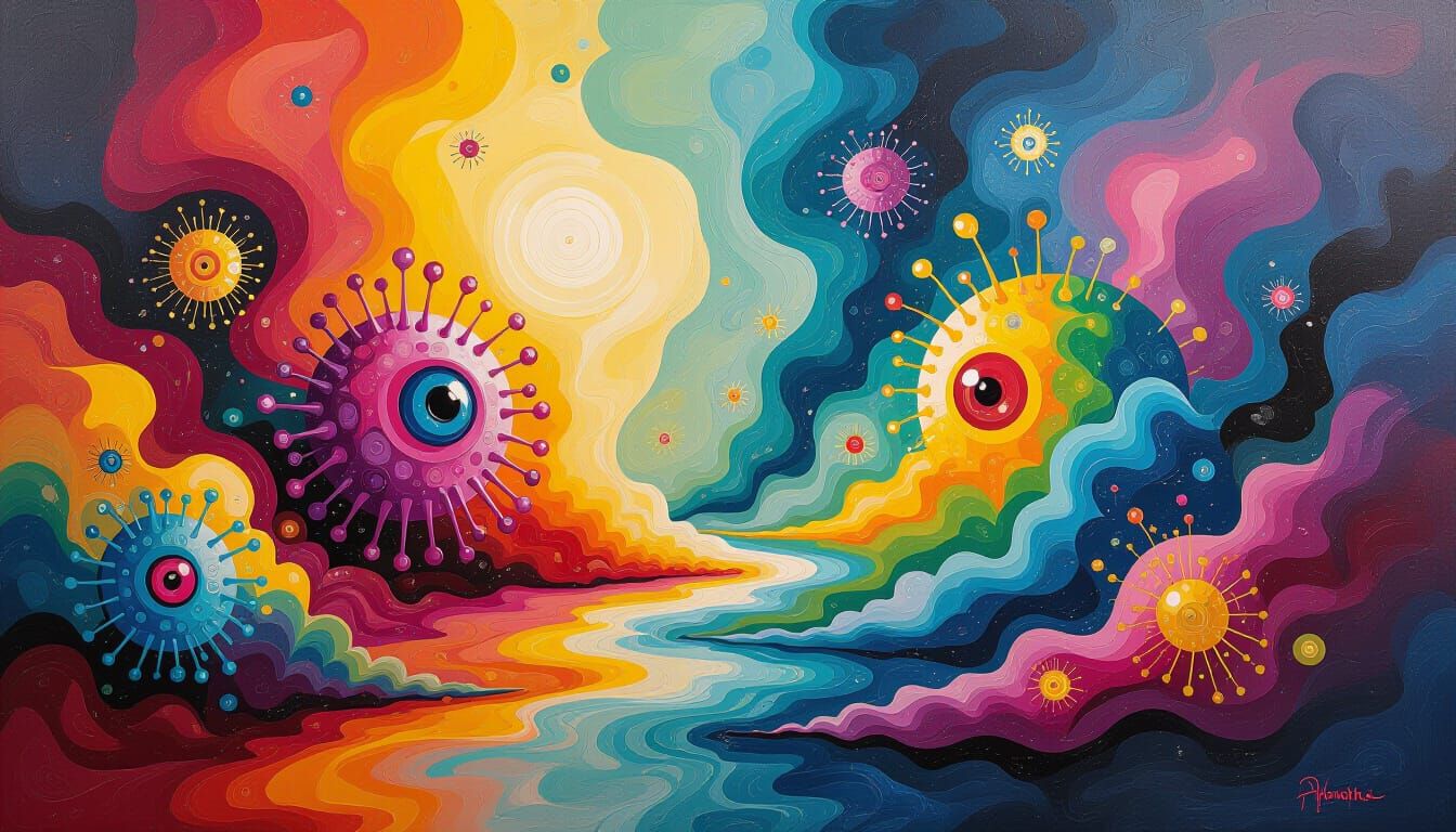 Psychedelic Microbes on Abstract Oil Ink Canvas