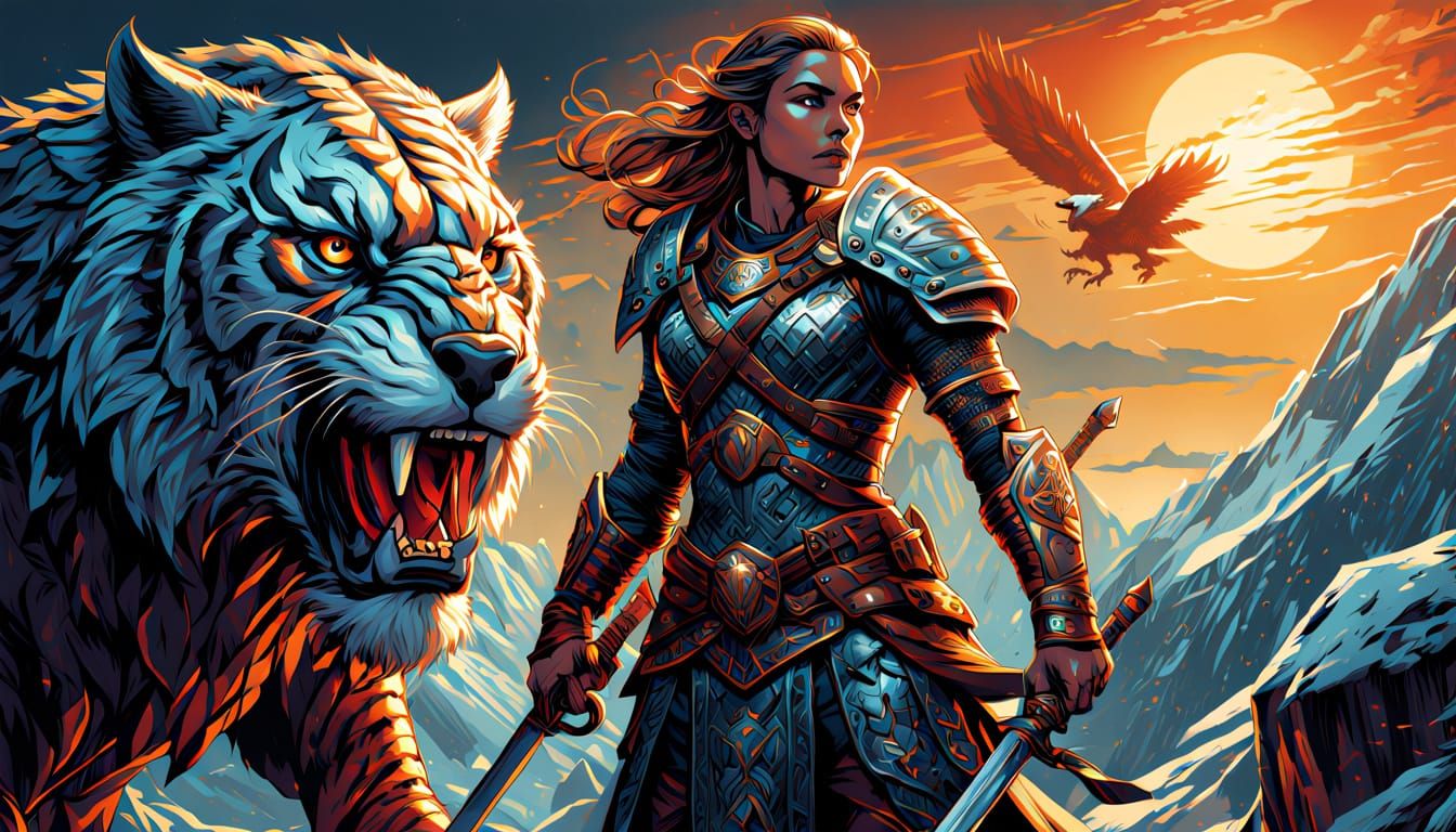 Viking Warrior Woman with Sabertooth Tiger in Golden Hour