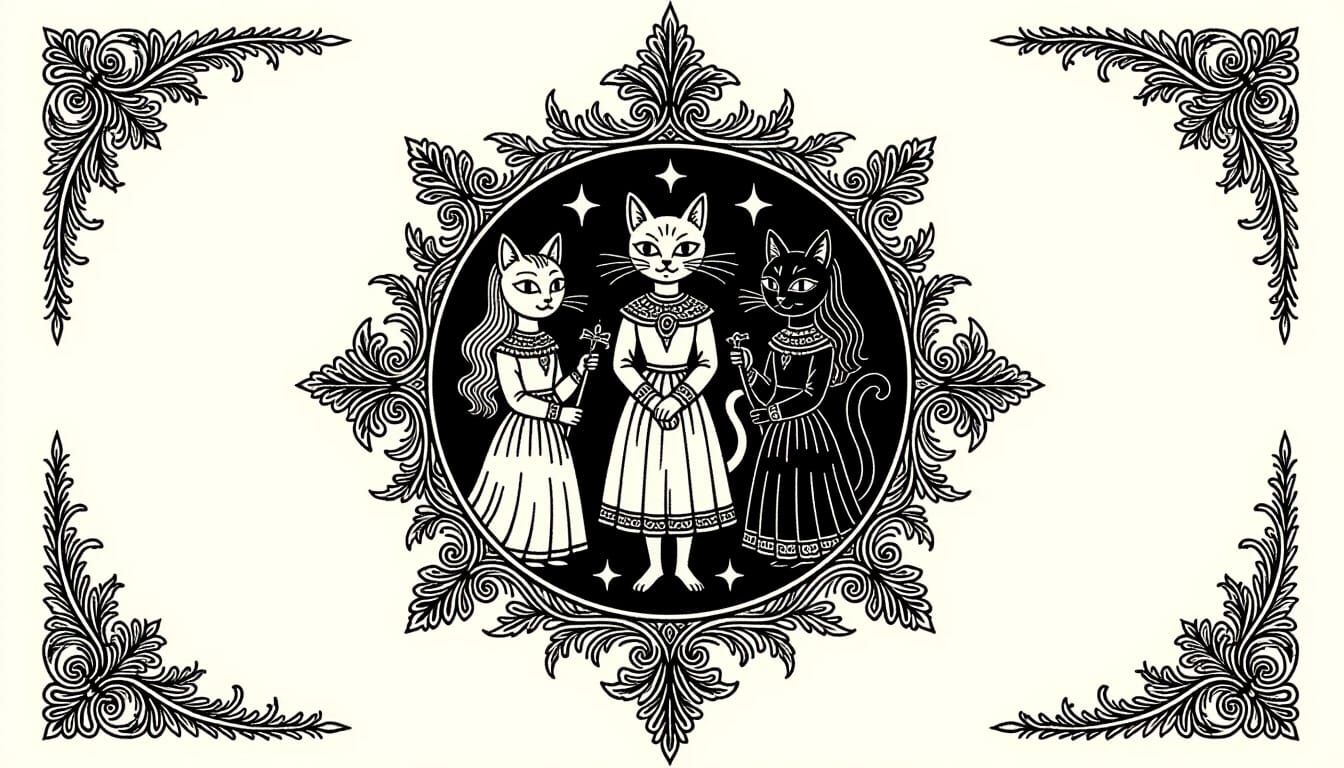 Medieval Sigil with Filigree and Cat-Girl Figures