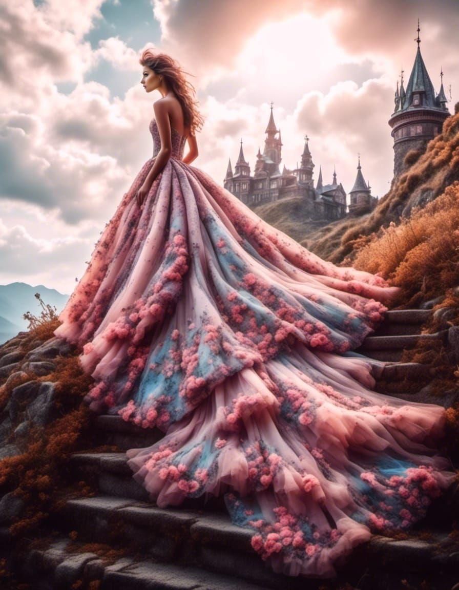 Elegant Woman in Voluminous Gown on Castle Stair