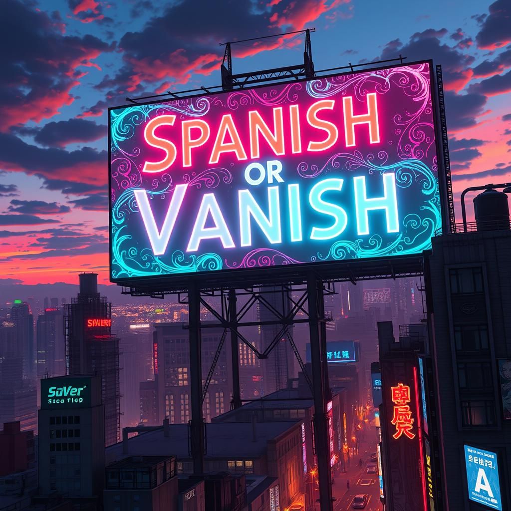 Neon Billboard in Anime Style Reads Spanish or Vanish