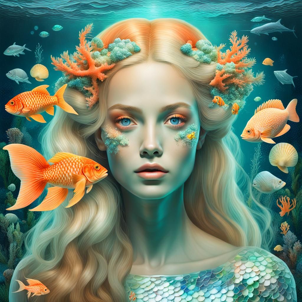 Blonde Mermaid in Deep Sea: Cosmic Illustration