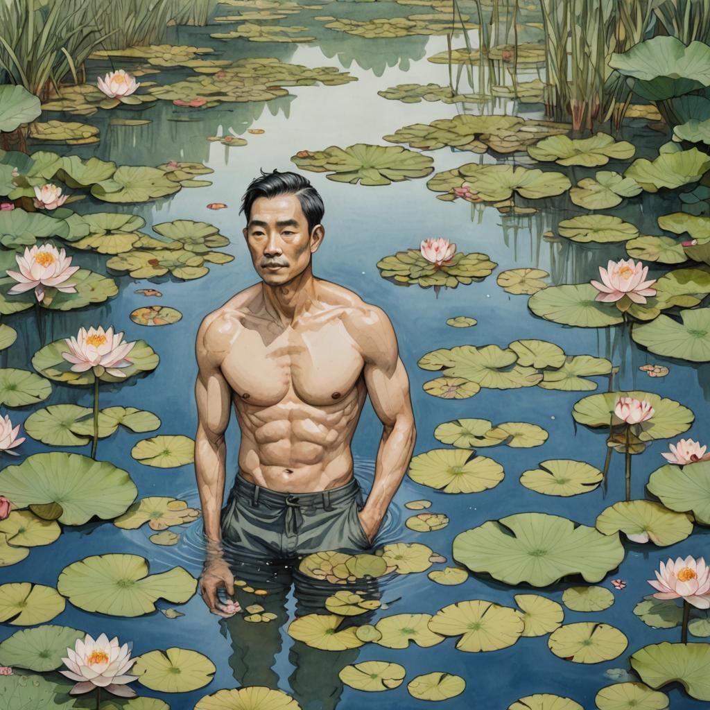 Man in Pond with Lotus Blossoms, Watercolour Art