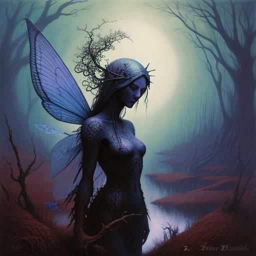Surreal Fairy in Dark Dystopian Landscape
