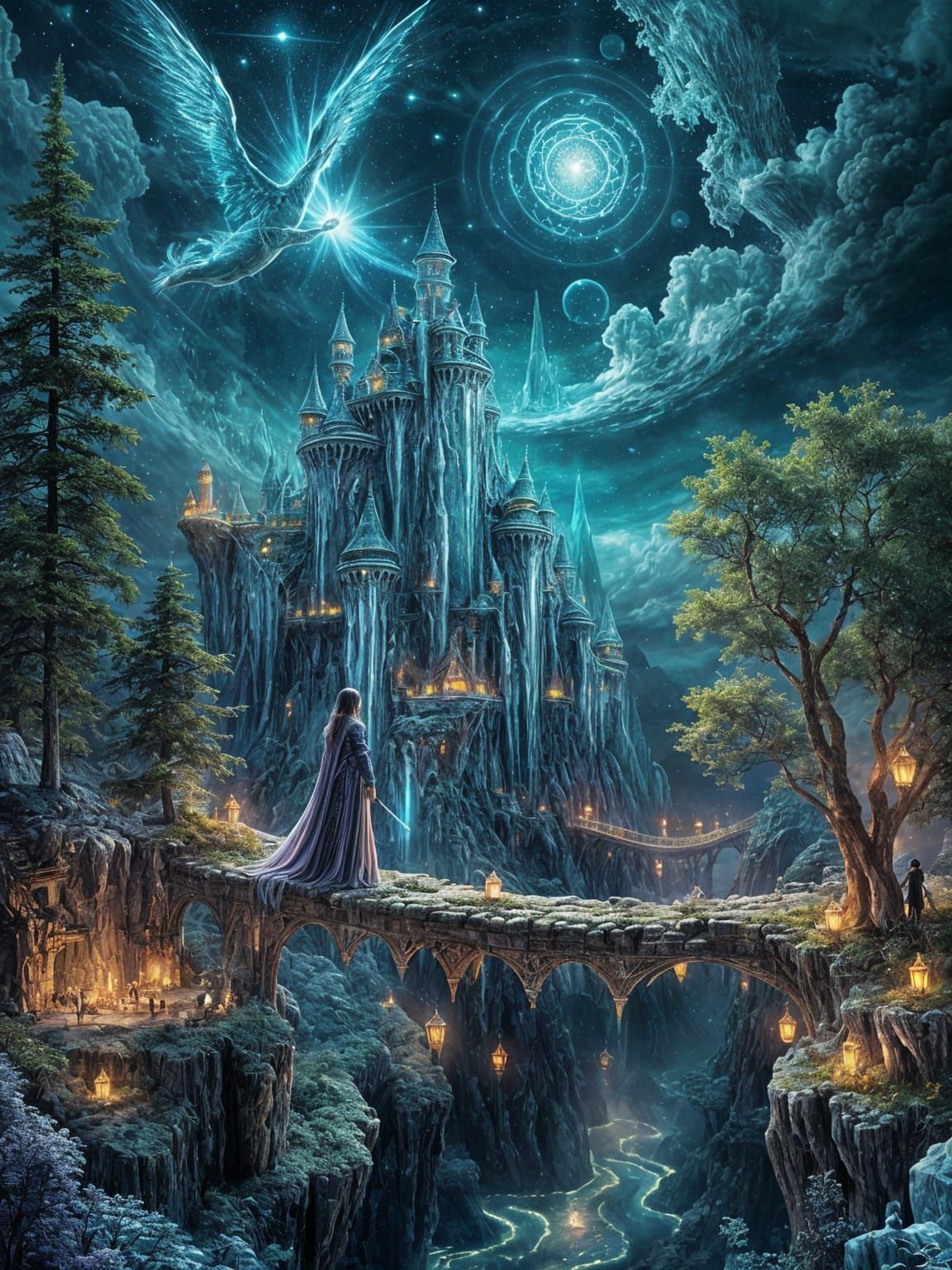 Floating Crystal Citadel with Celestial Dragons