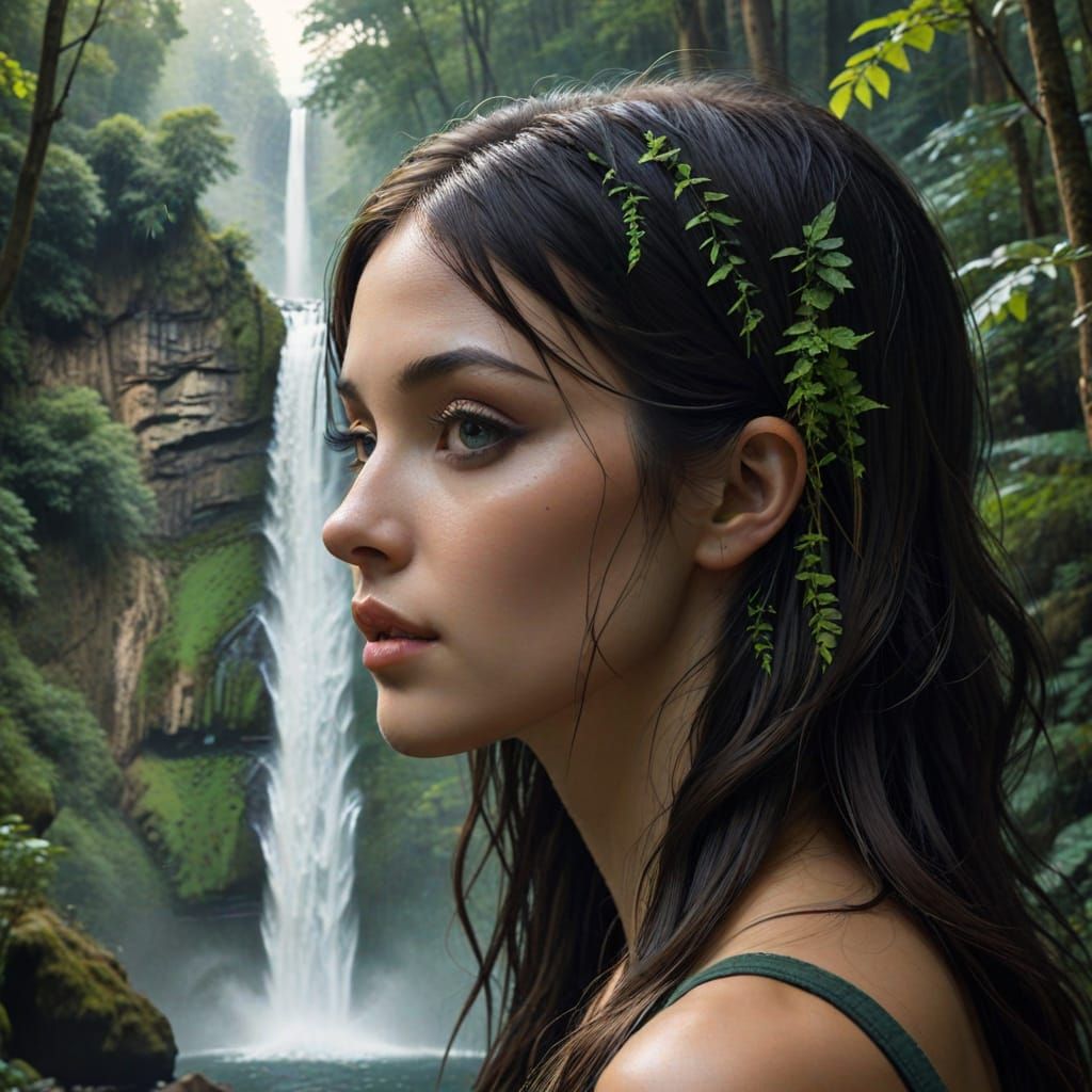 Imagine a forest  scene leading to a waterfall in the distance and the shape of the trees and the waterfall together  me...