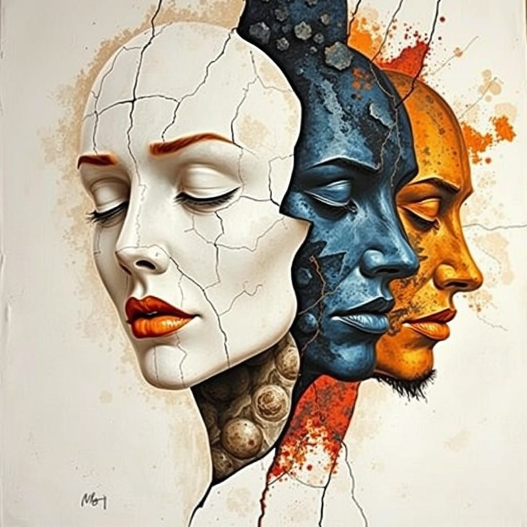 Abstract Portrait of Interwoven Faces with Cracked Aesthetic