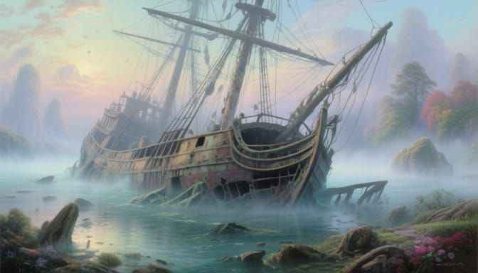 Ethereal Sunken Schooner in Misty Fantasy Landscape