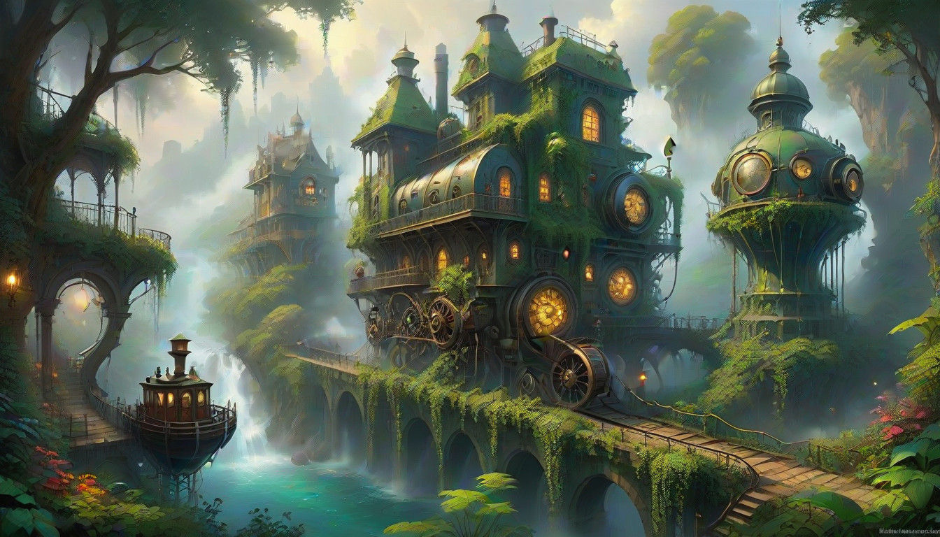 Ethereal Steampunk Jungle Ruins in Forgotten Hyperdetailed F...