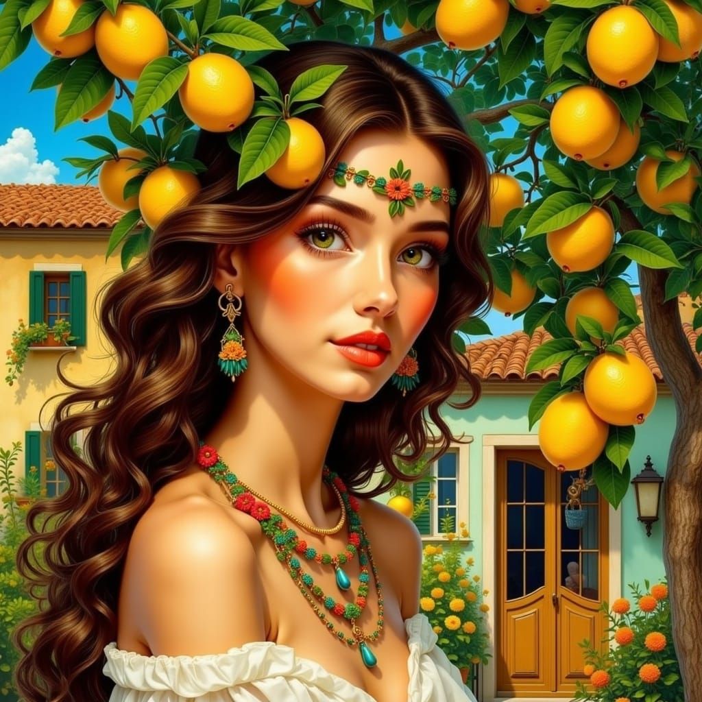 Woman with Flowers in Art Nouveau Style